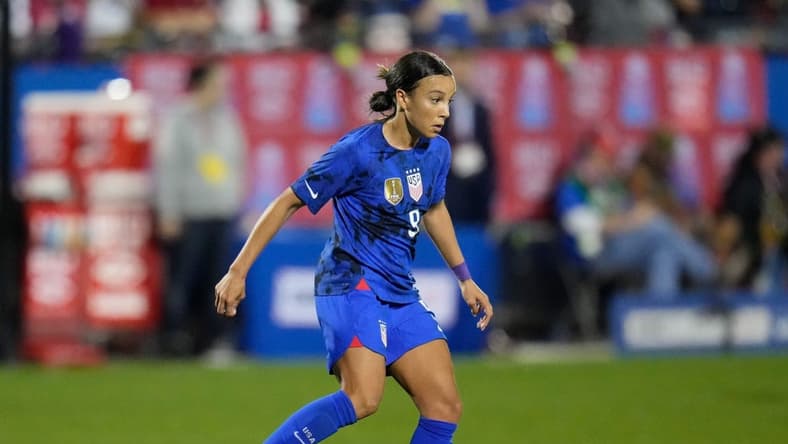 Feb 22, 2023; Frisco, Texas, USA; United States of America forward Mallory Swanson (9) against Brazil during the second half at Toyota Stadium. Mandatory Credit: Chris Jones-USA TODAY Sports