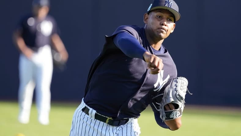 Feb 23, 2023; Tampa, FL, USA;  Mandatory Credit: New York Yankees relief pitcher Jhony Brito (76) throws a ball during spring training practice at Steinbrenner Field in Tampa, Florida.Dave Nelson-USA TODAY Sports