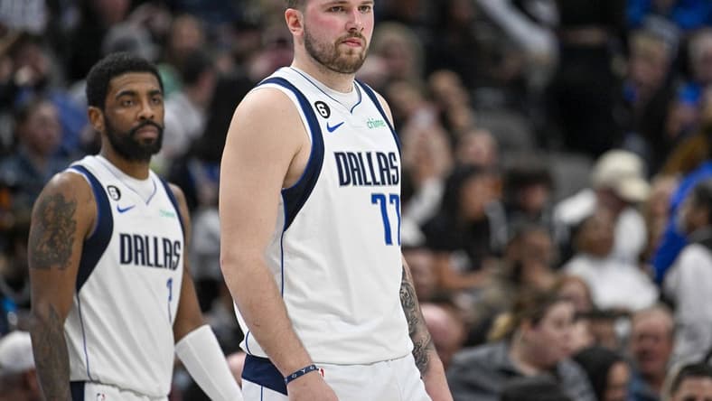 Feb 23, 2023; Dallas, Texas, USA; Dallas Mavericks guard Kyrie Irving (2) and guard Luka Doncic (77) during the game between the Dallas Mavericks and the San Antonio Spurs at American Airlines Center. Mandatory Credit: Jerome Miron-USA TODAY Sports
