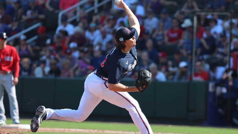 Feb 25, 2023; North Port, Florida, USA; Atlanta Braves pitcher Dylan Dodd (85) throws a pitch against the Boston Red Sox during the fourth inningat CoolToday Park. Mandatory Credit: Kim Klement-USA TODAY Sports