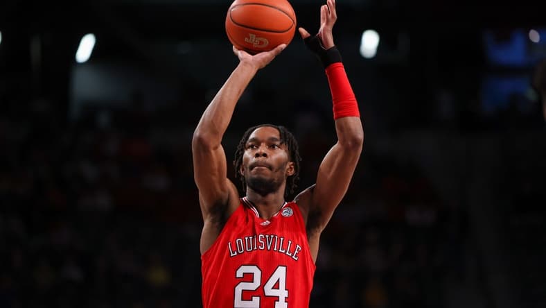Feb 25, 2023; Atlanta, Georgia, USA; Louisville Cardinals forward Jae'Lyn Withers (24) shoots a free throw against the Georgia Tech Yellow Jackets in the first half at McCamish Pavilion. Mandatory Credit: Brett Davis-USA TODAY Sports