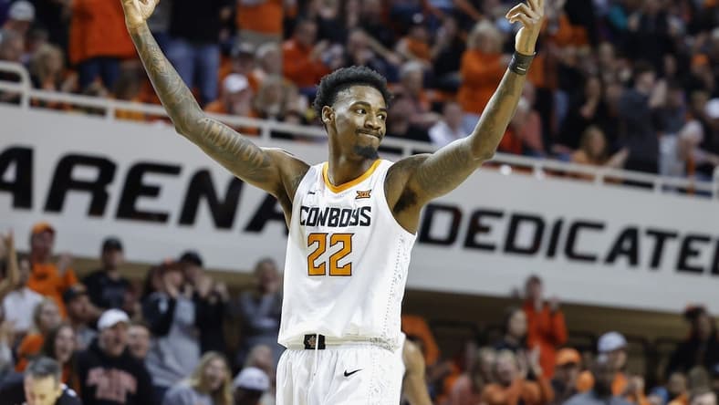 Feb 25, 2023; Stillwater, Oklahoma, USA; Oklahoma State Cowboys forward Kalib Boone (22) gestures during the second half against the Kansas State Wildcats at Gallagher-Iba Arena. Kansas State won 73-68. Mandatory Credit: Alonzo Adams-USA TODAY Sports