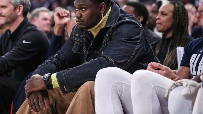 Feb 25, 2023; New York, New York, USA;  New Orleans Pelicans forward Zion Williamson watches the game in the third quarter against the New York Knicks at Madison Square Garden. Mandatory Credit: Wendell Cruz-USA TODAY Sports