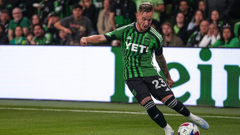 Feb 25, 2023; Austin, Texas, USA; Austin FC defender Zan Kolmanic (23) passes the ball during the game against St. Louis City SC at Q2 Stadium. Mandatory Credit: Aaron E. Martinez-USA TODAY Sports