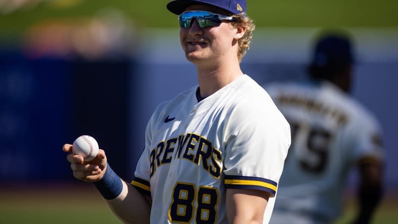 Feb 25, 2023; Phoenix, Arizona, USA; Milwaukee Brewers outfielder Joey Wiemer against the Los Angeles Dodgers during a spring training game at American Family Fields of Phoenix. Mandatory Credit: Mark J. Rebilas-USA TODAY Sports