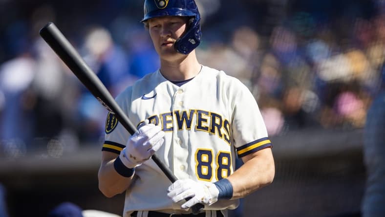 Feb 25, 2023; Phoenix, Arizona, USA; Milwaukee Brewers outfielder Joey Wiemer against the Los Angeles Dodgers during a spring training game at American Family Fields of Phoenix. Mandatory Credit: Mark J. Rebilas-USA TODAY Sports