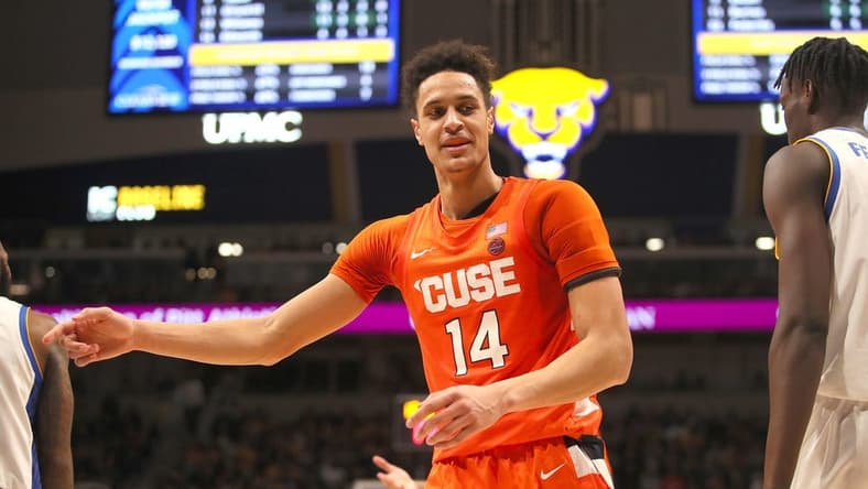 Syracuse Orange center Jesse Edwards (14) reacts after a foul is called against him during the second half against the Pittsburgh Panthers on February 15, 2023 at the Petersen Events Center in Pittsburgh, PA.
Pittsburgh Panthers Vs Syracuse Orange Mens Basketball