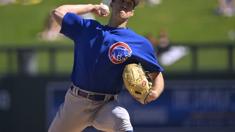 Feb 27, 2023; Salt River Pima-Maricopa, Arizona, USA;  Chicago Cubs starting pitcher Caleb Kilian (45) throws to the plate in the first inning of a spring training game against the Chicago Cubs at Salt River Fields at Talking Stick. Mandatory Credit: Jayne Kamin-Oncea-USA TODAY Sports