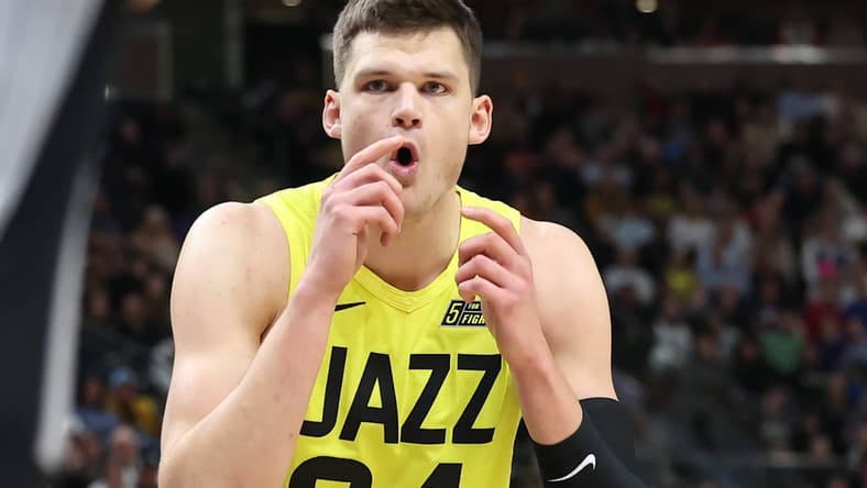 Feb 28, 2023; Salt Lake City, Utah, USA; Utah Jazz center Walker Kessler (24) reacts to play with the San Antonio Spurs in the second half at Vivint Arena. Mandatory Credit: Rob Gray-USA TODAY Sports