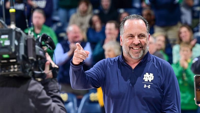 Mar 1, 2023; South Bend, Indiana, USA; Notre Dame Fighting Irish head coach Mike Brey enters the Purcell Pavilion before the game against the Pittsburgh Panthers. Mandatory Credit: Matt Cashore-USA TODAY Sports