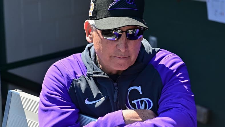Mar 3, 2023; Scottsdale, Arizona, USA; Colorado Rockies manager Bud Black (10) looks on prior to the game against the San Francisco Giants during a Spring Training game at Scottsdale Stadium. Mandatory Credit: Matt Kartozian-USA TODAY Sports