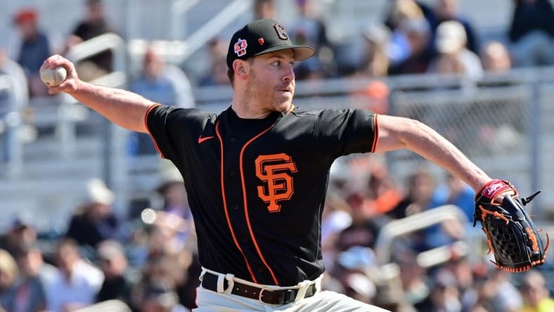 Mar 3, 2023; Scottsdale, Arizona, USA; San Francisco Giants starting pitcher Anthony DeSclafani (26) throws in the first inning against the Colorado Rockies during a Spring Training game at Scottsdale Stadium. Mandatory Credit: Matt Kartozian-USA TODAY Sports