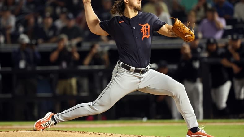 Mar 3, 2023; Tampa, Florida, USA;  Detroit Tigers starting pitcher Michael Lorenzen (21) throws a pitch during the first inning against the New York Yankees at George M. Steinbrenner Field. Mandatory Credit: Kim Klement-USA TODAY Sports