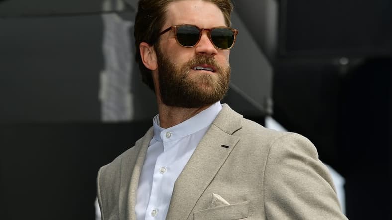 Mar 5, 2023; Las Vegas, Nevada, USA; Philadelphia Phillies right fielder Bryce Harper in attendance for the Pennzoil 400 at Las Vegas Motor Speedway. Mandatory Credit: Gary A. Vasquez-USA TODAY Sports