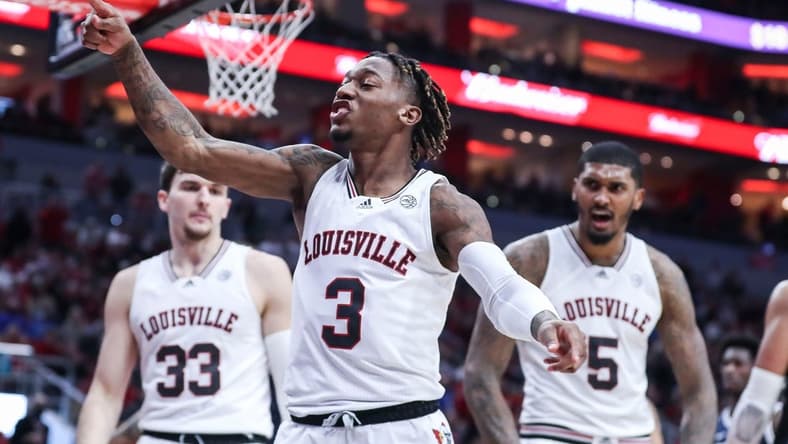 Louisville''s El Ellis celebrates after getting the shot and foul against Duke in the first half. January 29, 2022

Louisville Vs Duke January 29 2022