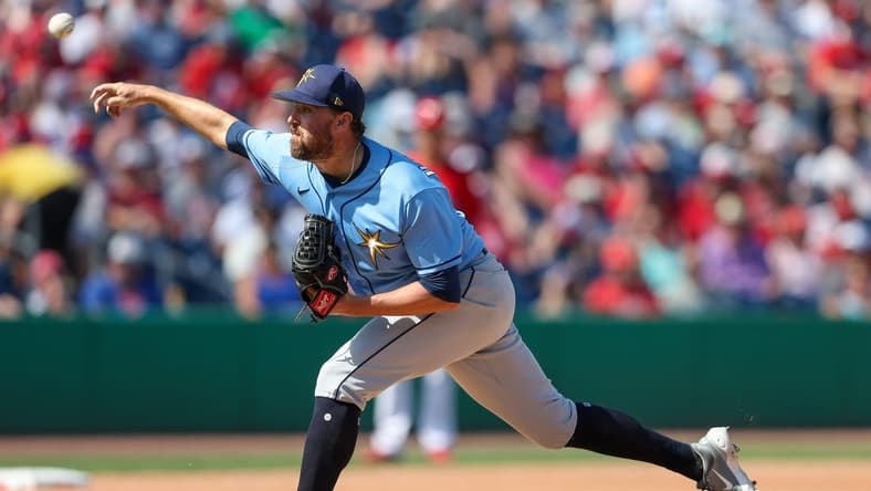 Mar 7, 2023; Clearwater, Florida, USA;  Tampa Bay Rays pitcher Heath Hembree (53) throws a pitch against the Philadelphia Phillies in the fourth inning during spring training at BayCare Ballpark. Mandatory Credit: Nathan Ray Seebeck-USA TODAY Sports