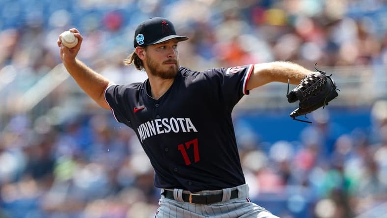 Mar 8, 2023; Dunedin, Florida, USA;  Minnesota Twins starting pitcher Bailey Ober (17) throws a pitch against the Toronto Blue Jays in the first inning during spring training at TD Ballpark. Mandatory Credit: Nathan Ray Seebeck-USA TODAY Sports