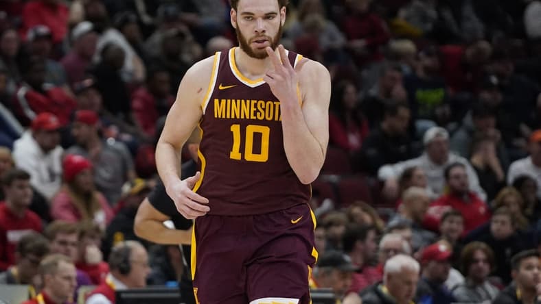 Mar 8, 2023; Chicago, IL, USA; Minnesota Golden Gophers forward Jamison Battle (10) gestures after making a three point basket against the Nebraska Cornhuskers during the first half at United Center. Mandatory Credit: David Banks-USA TODAY Sports