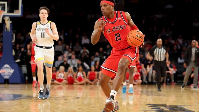 Mar 9, 2023; New York, NY, USA; St. John's Red Storm guard AJ Storr (2) brings the ball up court against the Marquette Golden Eagles during the first half at Madison Square Garden. Mandatory Credit: Brad Penner-USA TODAY Sports