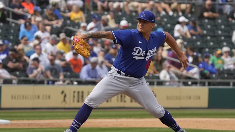 Mar 9, 2023; Mesa, Arizona, USA; Los Angeles Dodgers relief pitcher Victor Gonzalez (81) throws against the Oakland Athletics in the fifth inning at Hohokam Stadium. Mandatory Credit: Rick Scuteri-USA TODAY Sports