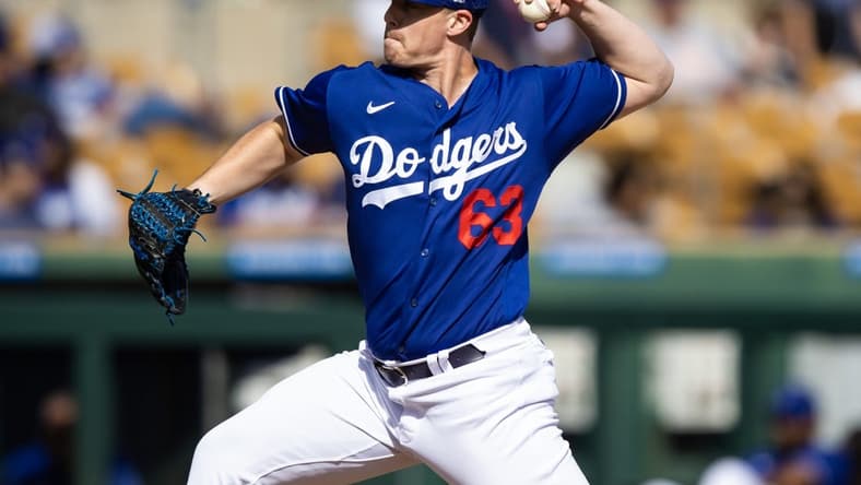 Feb 28, 2023; Phoenix, Arizona, USA; Los Angeles Dodgers pitcher Justin Bruihl against the Cincinnati Reds during a spring training game at Camelback Ranch-Glendale. Mandatory Credit: Mark J. Rebilas-USA TODAY Sports