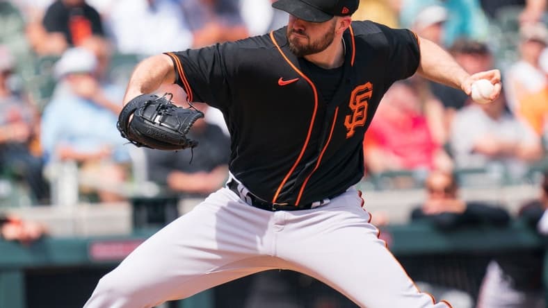 Mar 10, 2023; Salt River Pima-Maricopa, Arizona, USA; San Francisco Giants pitcher Alex Wood (57) on the mound in the first inning during a spring training game against the Colorado Rockies at Salt River Fields at Talking Stick. Mandatory Credit: Allan Henry-USA TODAY Sports