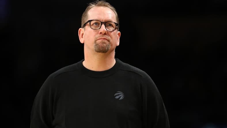 Mar 10, 2023; Los Angeles, California, USA;  Toronto Raptors head coach Nick Nurse during the game against the Los Angeles Lakers at Crypto.com Arena. Mandatory Credit: Kiyoshi Mio-USA TODAY Sports