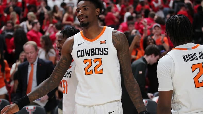 Mar 4, 2023; Lubbock, Texas, USA; Oklahoma State Cowboys forward Kalib Boone (22) reacts after the game against the Texas Tech Red Raiders at United Supermarkets Arena. Mandatory Credit: Michael C. Johnson-USA TODAY Sports