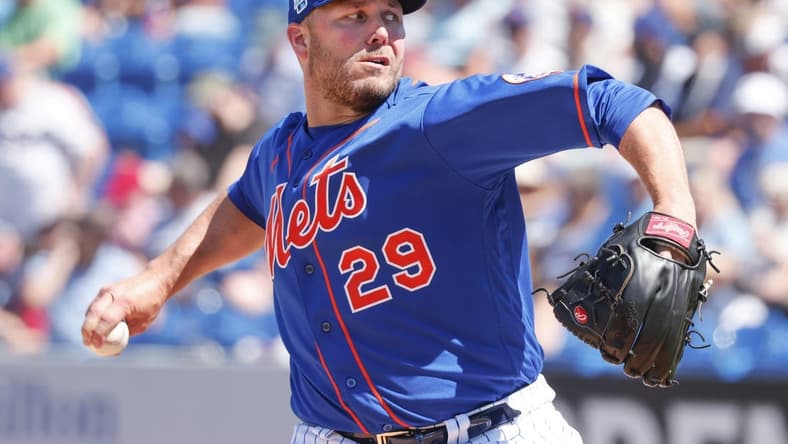 Mar 12, 2023; Port St. Lucie, Florida, USA; New York Mets relief pitcher Tommy Hunter throws a pitch during the fifth inning against the Tampa Bay Rays at Clover Park. Mandatory Credit: Reinhold Matay-USA TODAY Sports