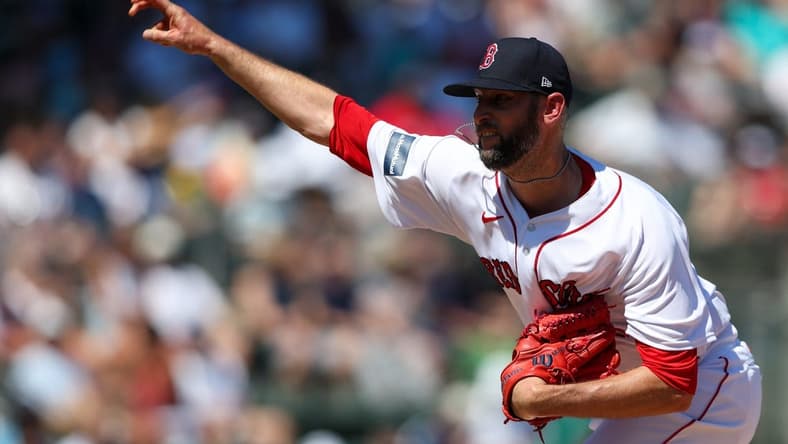 Mar 12, 2023; Fort Myers, Florida, USA;  Boston Red Sox relief pitcher Chris Martin (55) throws a pitch against the New York Yankees in the fifth inning during spring training at JetBlue Park at Fenway South. Mandatory Credit: Nathan Ray Seebeck-USA TODAY Sports