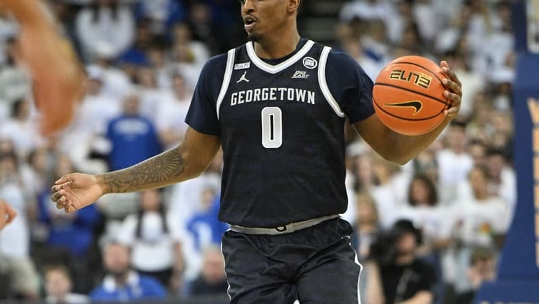 Mar 1, 2023; Omaha, Nebraska, USA;  Georgetown Hoyas guard Brandon Murray (0) dribbles against the Creighton Bluejays in the first half at CHI Health Center Omaha. Mandatory Credit: Steven Branscombe-USA TODAY Sports