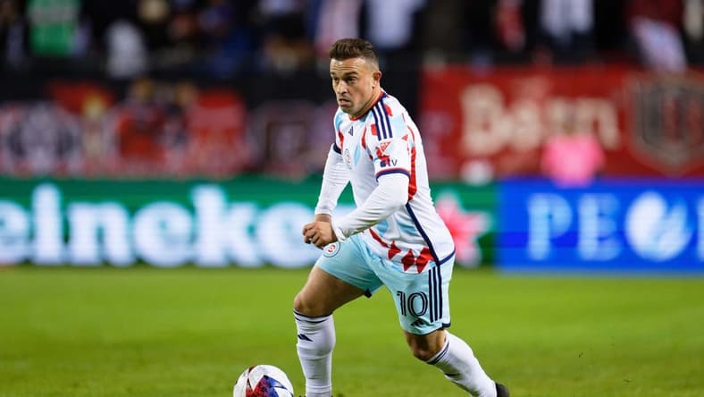 Mar 4, 2023; Chicago, Illinois, USA;  Chicago Fire FC midfielder Xherdan Shaqiri (10) in action against New York City FC at Soldier Field. Mandatory Credit: Jamie Sabau-USA TODAY Sports