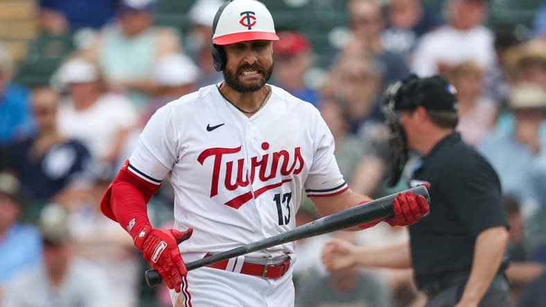 Mar 13, 2023; Fort Myers, Florida, USA;  Minnesota Twins first baseman Joey Gallo (13) reacts after striking out against the New York Yankees in the seventh inning during spring training at Hammond Stadium. Mandatory Credit: Nathan Ray Seebeck-USA TODAY Sports