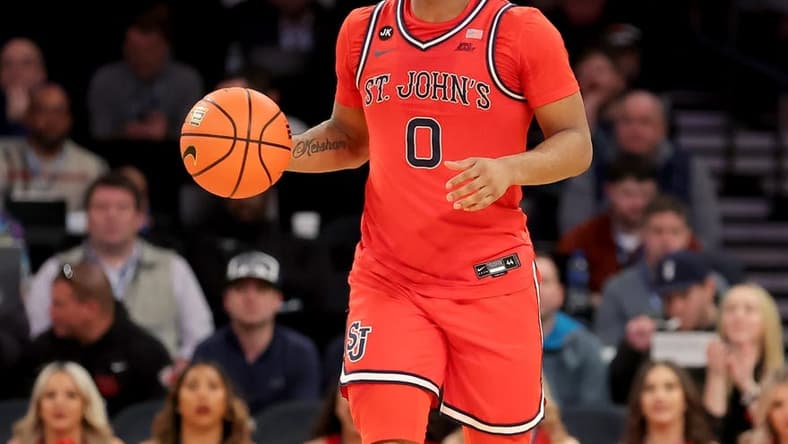 Mar 9, 2023; New York, NY, USA; St. John's Red Storm guard Posh Alexander (0) brings the ball up court against the Marquette Golden Eagles during the first half at Madison Square Garden. Mandatory Credit: Brad Penner-USA TODAY Sports