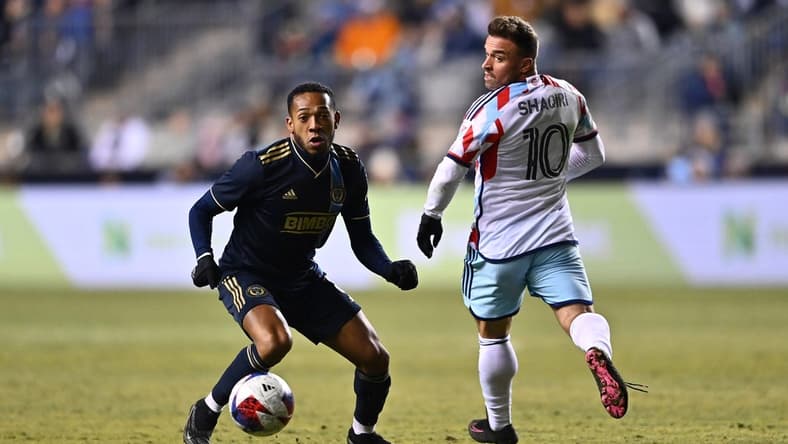 Mar 11, 2023; Philadelphia, Pennsylvania, USA; Philadelphia Union midfielder Jose Martinez (8) and Chicago Fire midfielder Xherdan Shaqiri (10) watch a loose ball in the second half at Subaru Park. Mandatory Credit: Kyle Ross-USA TODAY Sports