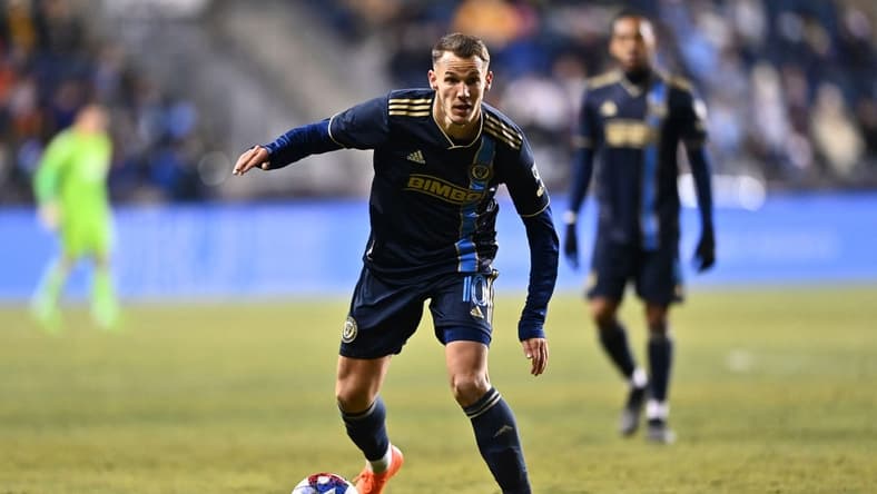 Mar 11, 2023; Philadelphia, Pennsylvania, USA; Philadelphia Union midfielder Daniel Gazdag (10) controls the ball against the Chicago Fire in the second half at Subaru Park. Mandatory Credit: Kyle Ross-USA TODAY Sports