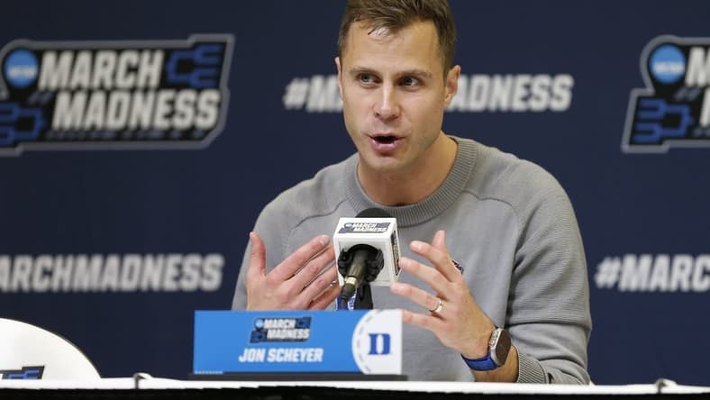 Mar 16, 2023; Orlando, FL, USA; Duke Blue Devils head coach Jon Scheyer speaks to the media after the game against the Oral Roberts Golden Eagles at Amway Center. Mandatory Credit: Russell Lansford-USA TODAY Sports