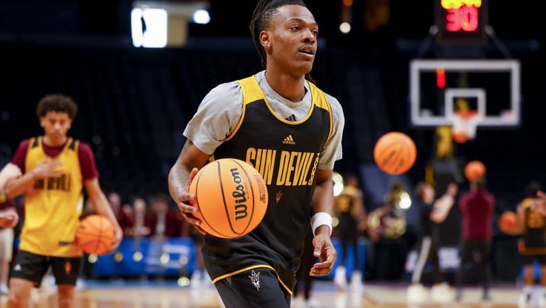 Mar 16, 2023; Denver, CO, USA; Arizona State Sun Devils guard DJ Horne (0) drives to the basket during practice before the first round of the NCAA Tournament at Ball Arena. Mandatory Credit: Michael Ciaglo-USA TODAY Sports