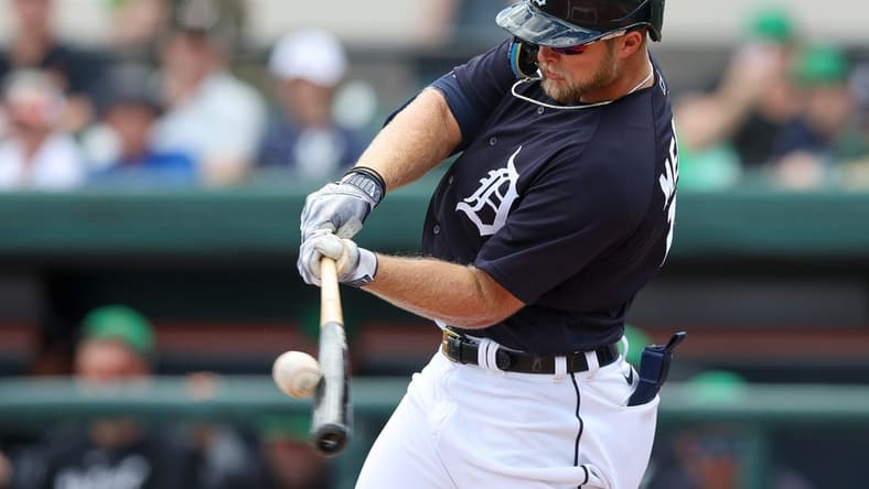 Mar 17, 2023; Lakeland, Florida, USA;  Detroit Tigers right fielder Austin Meadows (17) at bat against the New York Yankees in the first inning during spring training at Publix Field at Joker Marchant Stadium. Mandatory Credit: Nathan Ray Seebeck-USA TODAY Sports
