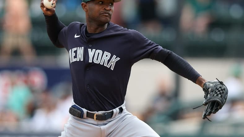 Mar 17, 2023; Lakeland, Florida, USA;  New York Yankees starting pitcher Domingo German (0) throws a pitch against the Detroit Tigers in the first inning during spring training at Publix Field at Joker Marchant Stadium. Mandatory Credit: Nathan Ray Seebeck-USA TODAY Sports