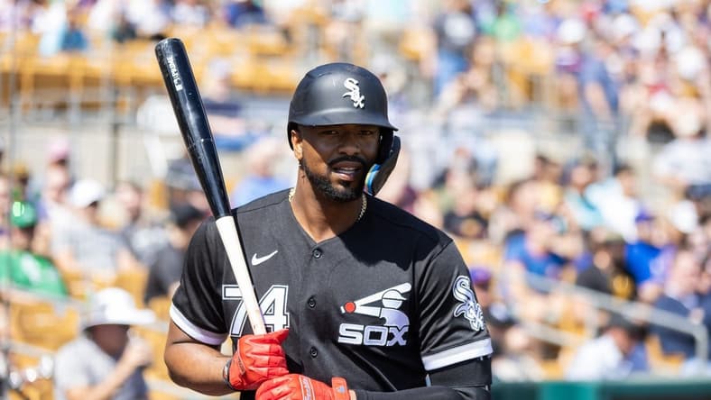 Mar 17, 2023; Phoenix, Arizona, USA; Chicago White Sox outfielder Eloy Jimenez against the Chicago Cubs during a spring training game at Camelback Ranch-Glendale. Mandatory Credit: Mark J. Rebilas-USA TODAY Sports
