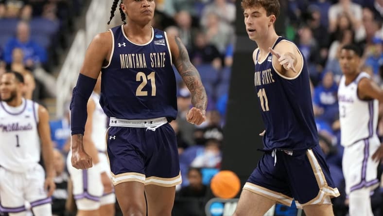 Mar 17, 2023; Greensboro, NC, USA; Montana State Bobcats guard RaeQuan Battle (21) reacts in the first half against the Kansas State Wildcats at Greensboro Coliseum. Mandatory Credit: Bob Donnan-USA TODAY Sports