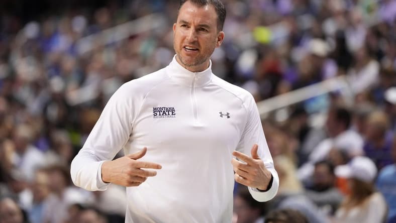 Mar 17, 2023; Greensboro, NC, USA; Montana State Bobcats head coach Danny Sprinkle reacts in the first half against the Kansas State Wildcats at Greensboro Coliseum. Mandatory Credit: Bob Donnan-USA TODAY Sports