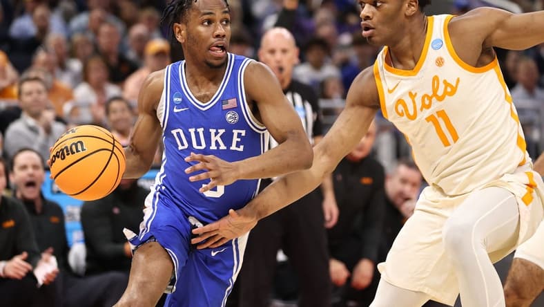Mar 18, 2023; Orlando, FL, USA; Duke Blue Devils guard Jeremy Roach (3) dribbles against Tennessee Volunteers forward Tobe Awaka (11) during the first half in the second round of the 2023 NCAA Tournament at Legacy Arena. Mandatory Credit: Matt Pendleton-USA TODAY Sports