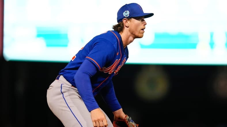 Mar 18, 2023; West Palm Beach, Florida, USA; New York Mets third baseman Brett Baty (22) watches a pitch against the Houston Astros during the seventh inning at The Ballpark of the Palm Beaches. Mandatory Credit: Rich Storry-USA TODAY Sports