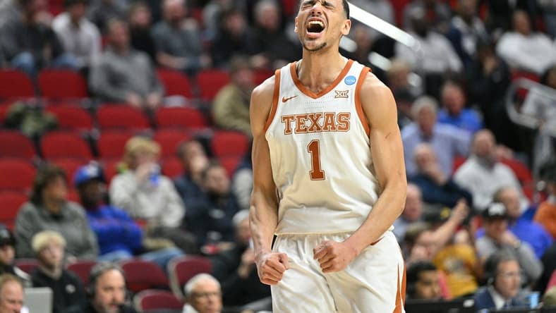 Mar 18, 2023; Des Moines, IA, USA; Texas Longhorns forward Dylan Disu (1) celebrates in the last seconds of a victory over the Penn State Nittany Lions at Wells Fargo Arena. Mandatory Credit: Jeffrey Becker-USA TODAY Sports