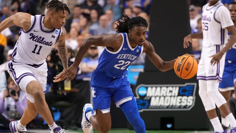 Mar 19, 2023; Greensboro, NC, USA; Kentucky Wildcats guard Cason Wallace (22) drives to the basket against Kansas State Wildcats forward Keyontae Johnson (11) during the second half in the second round of the 2023 NCAA men s basketball tournament at Greensboro Coliseum. Mandatory Credit: Bob Donnan-USA TODAY Sports