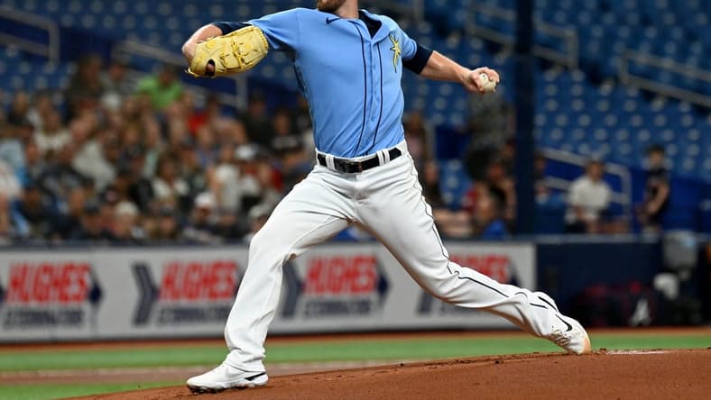 Mar 10, 2023; St. Petersburg, Florida, USA;  Tampa Bay Rays pitcher Jeffrey Springs (59) throws a pitch in the first inning of a spring training game against the Atlanta Braves at Tropicana Field. Mandatory Credit: Jonathan Dyer-USA TODAY Sports