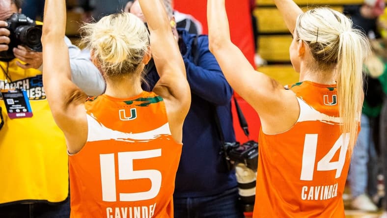 Miami (FL)'s Hanna Cavinder (15) and Haley Cavinder (14) makes the "U" sign after the second half of the NCAA Tournament Second Round game between Indiana and Miami (FL) at Simon Skjodt Assembly Hall on Monday, March 20, 2023.

Iu Um Wbb 2h Cavinder Twins Celebrate