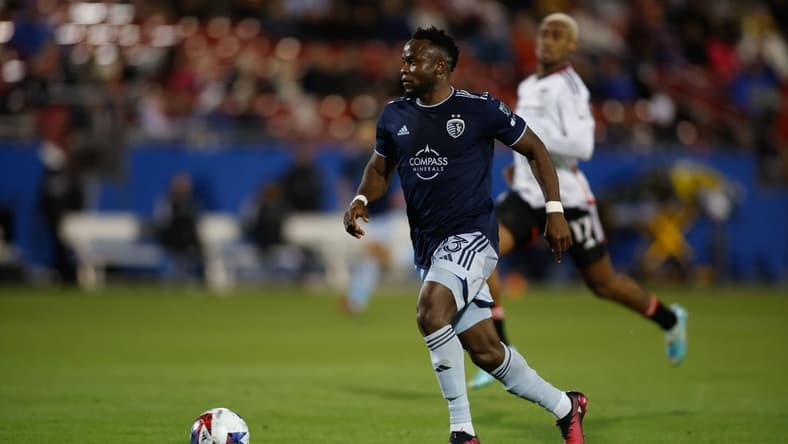 Mar 18, 2023; Frisco, Texas, USA; Sporting Kansas City forward Willy Agada (23) controls the ball against FC Dallas in the first half at Toyota Stadium. Mandatory Credit: Tim Heitman-USA TODAY Sports
